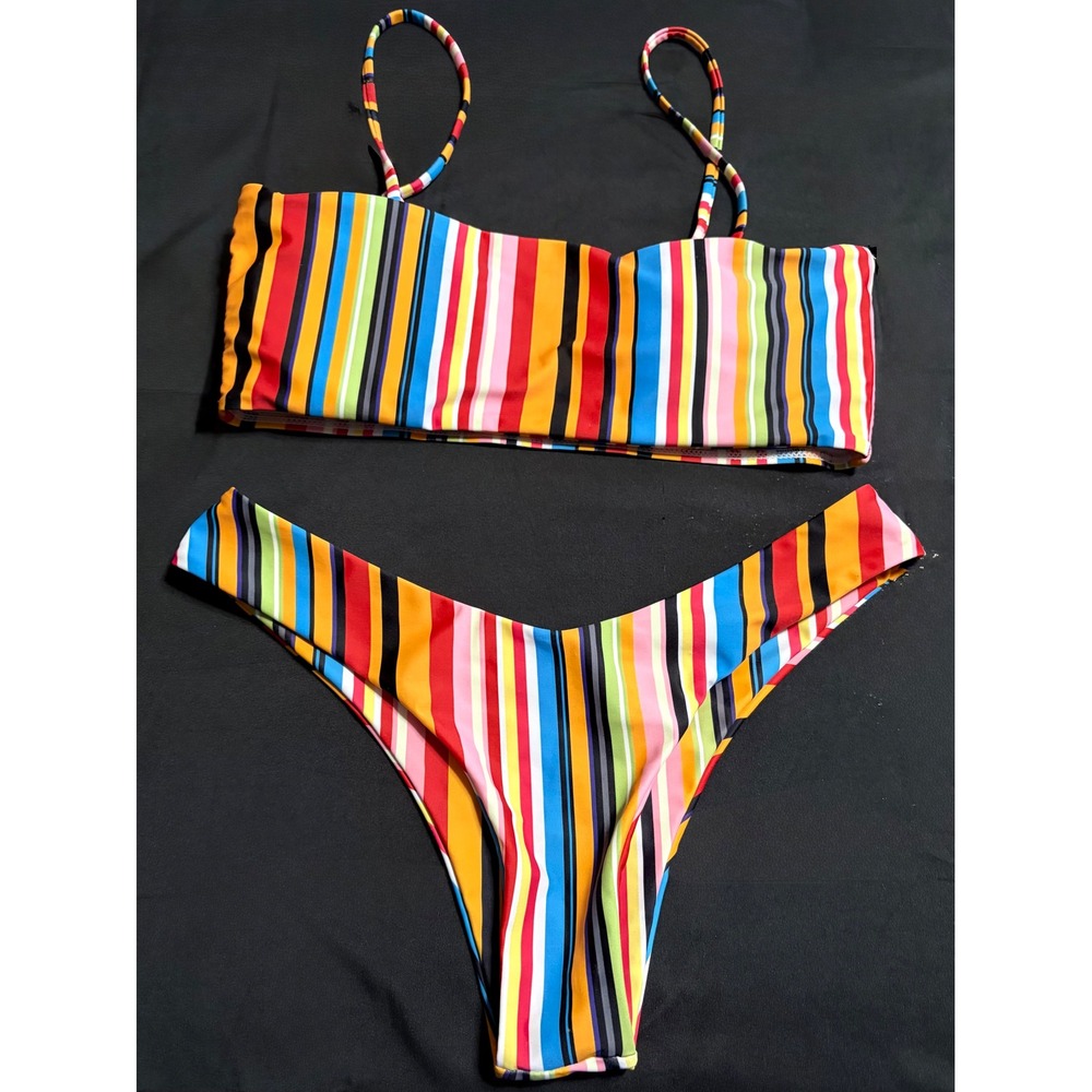 Rainbow Vertical Striped Bikini Set Bandeau Top High Cut Bottoms Colorful M‎ EUC